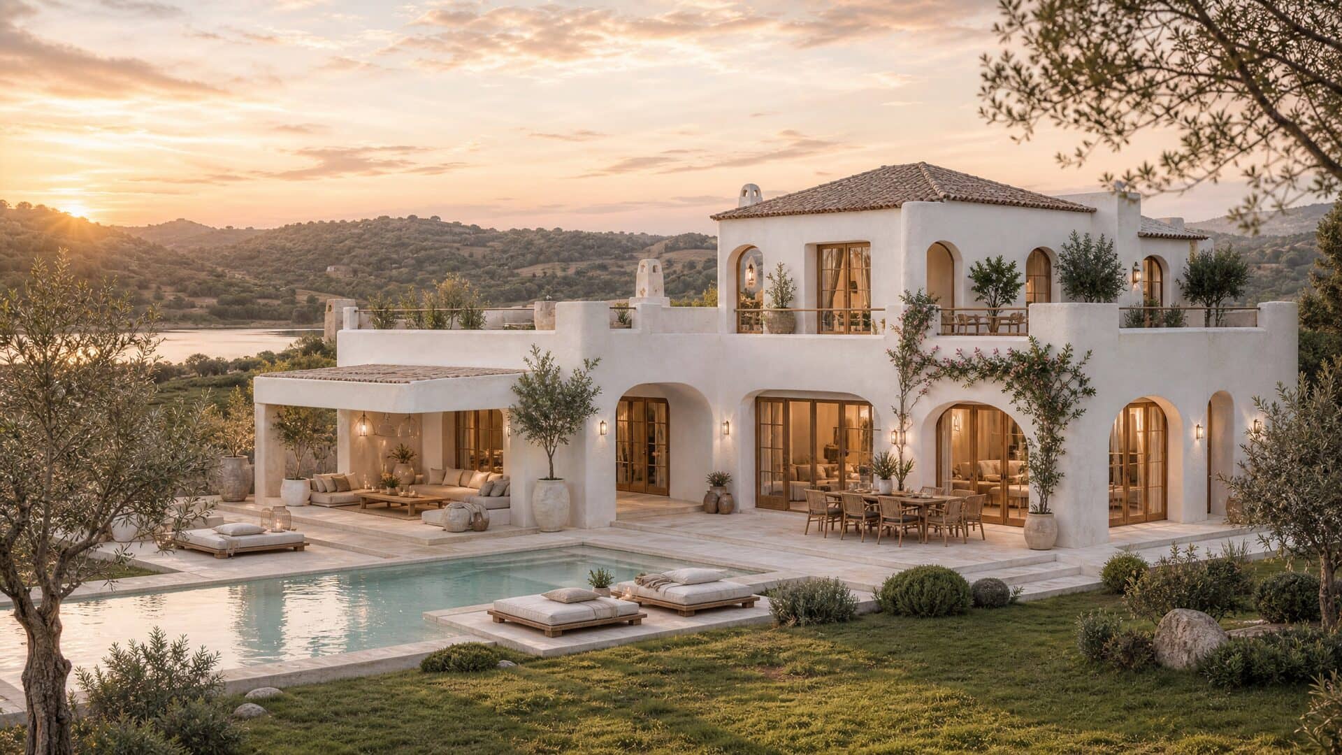 Uma casa pioneira na paisagem da Neos Village