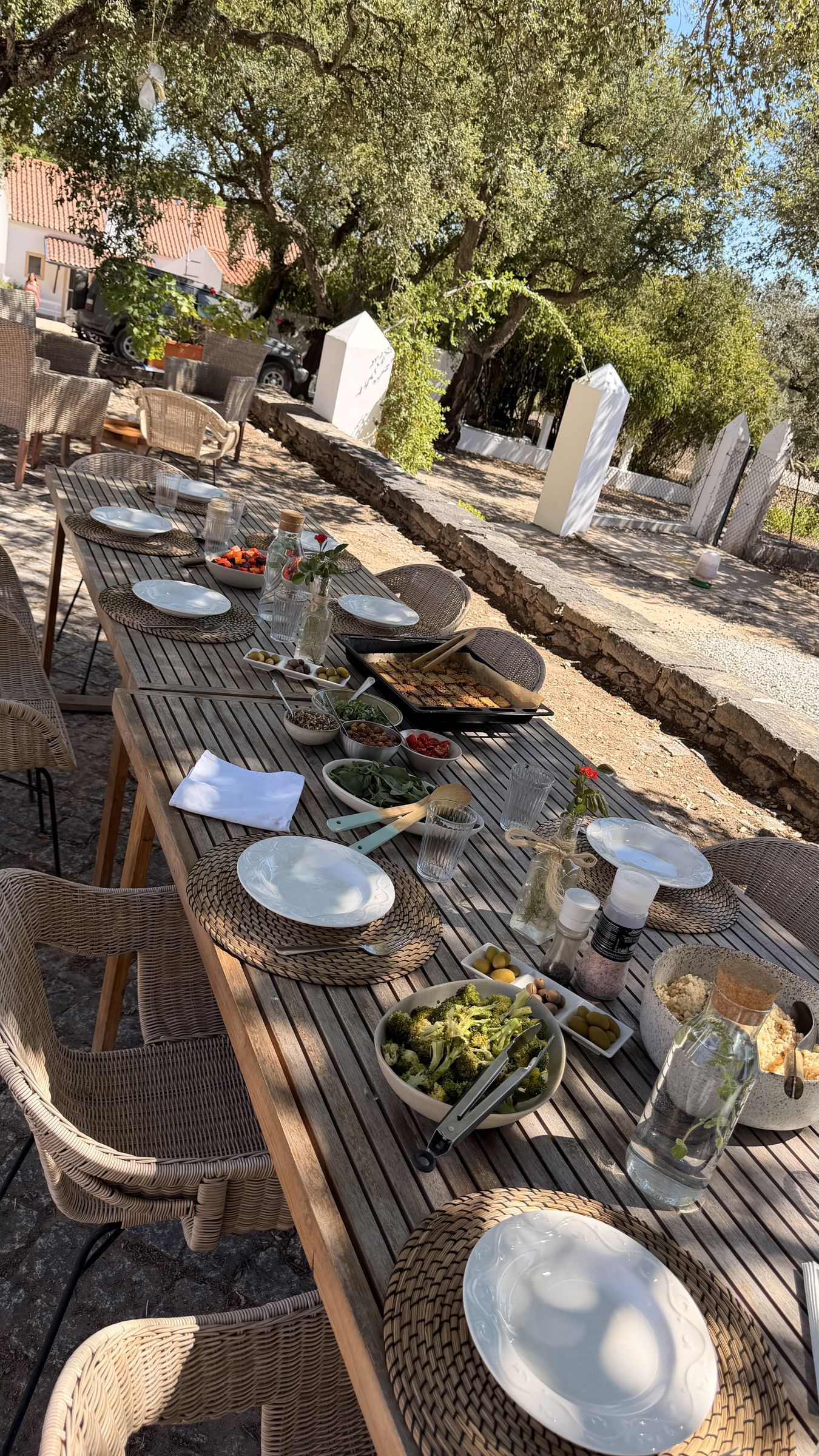 Uma mesa comprida de madeira posta com pratos e travessas no terraço, debaixo das árvores